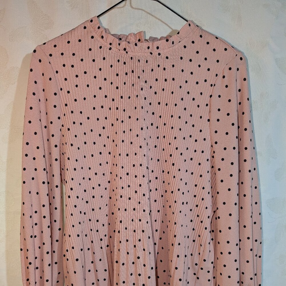 Adrianna Papell Blush Pink & Black Polka Dot Pleated Georgette Blouse Size M